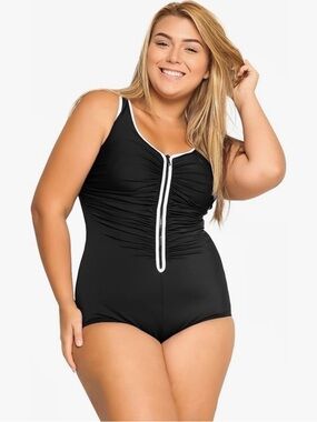 DELIMIRA Black Zip Front One Piece Swimsuit Ruched Tummy Control 14 NWT